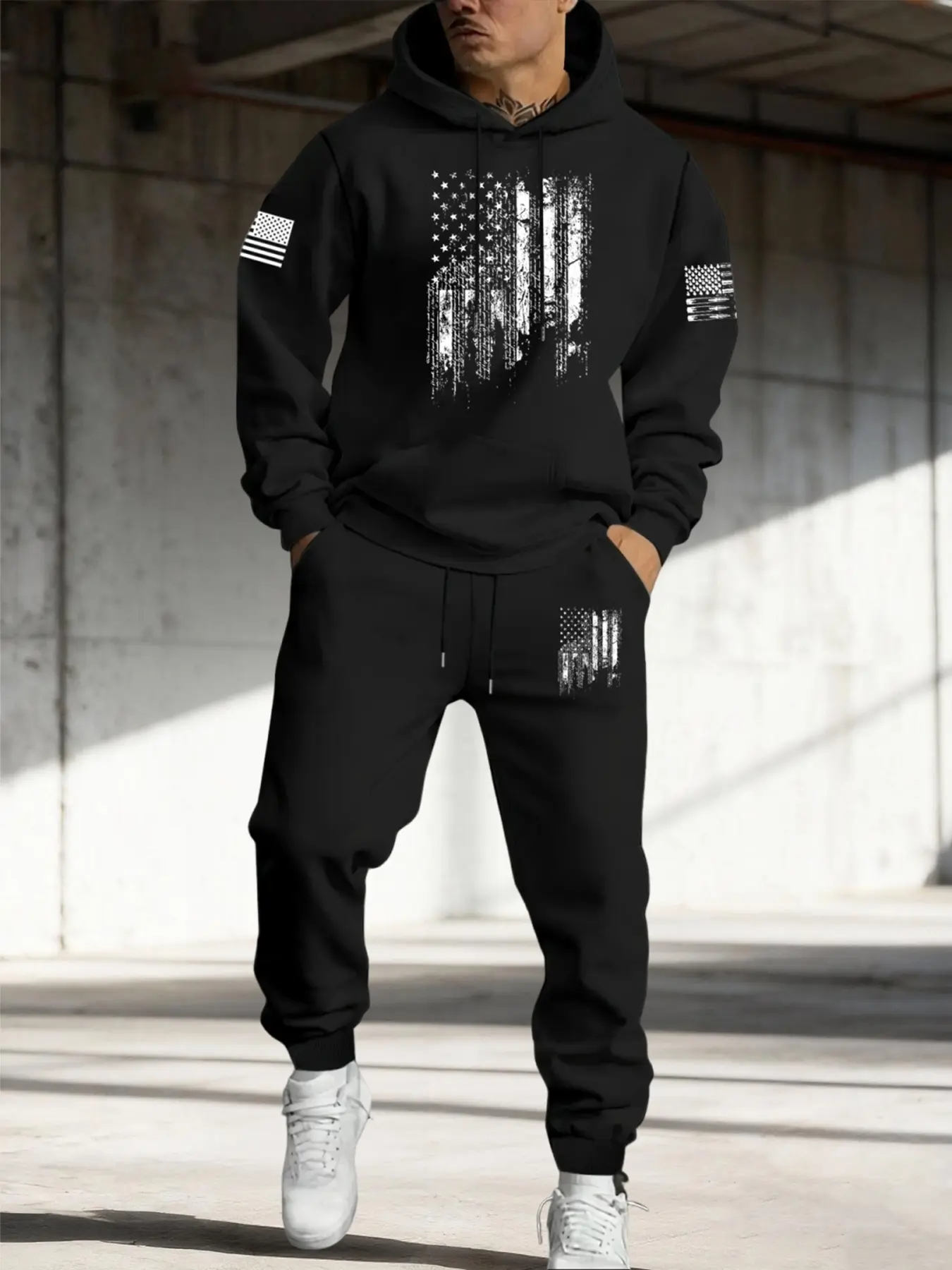 Men's Flag Print Hooded Thickened Sweatshirt + Drawstring Sports Pants Set, Casual Fall & Winter, Long Sleeve Fitted Style, Hooded Tracksuit, Hoodie Sweatsuit Set, Sweatsuit Sets