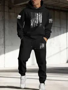 Men's Flag Print Hooded Thickened Sweatshirt + Drawstring Sports Pants Set, Casual Fall & Winter, Long Sleeve Fitted Style, Hooded Tracksuit, Sweatsuit Sets