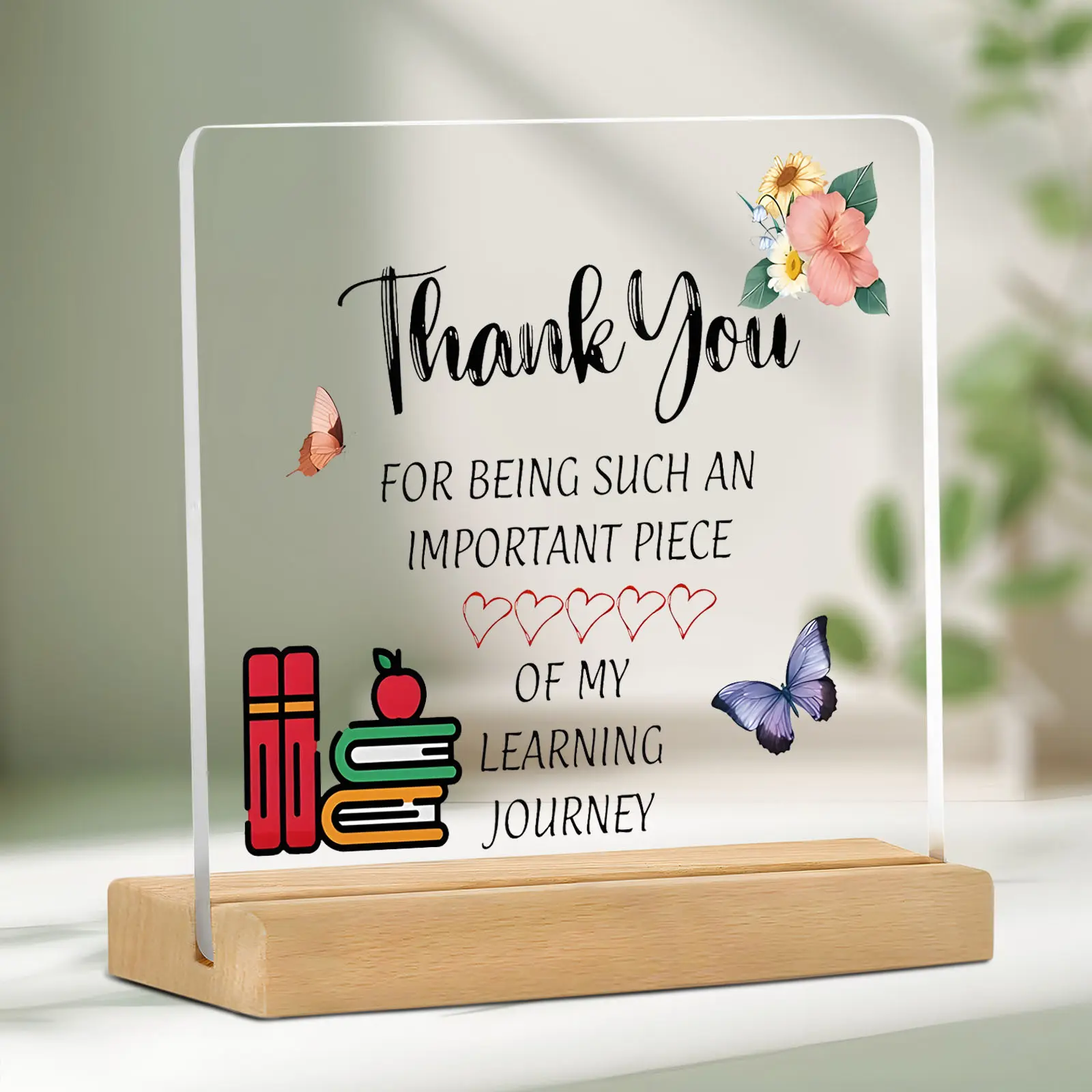 Acrylic Teacher Appreciation Plaque with Wooden Stand, Thank You Gift for Educators, Transparent Desk Decor for Graduation & Retirement