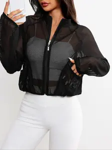 Women's High Neck Quick-Dry Mesh Yoga Jacket, Transparent Sexy with Pockets, Casual Sporty Long Sleeve Loose Fit Yoga Jacket Top