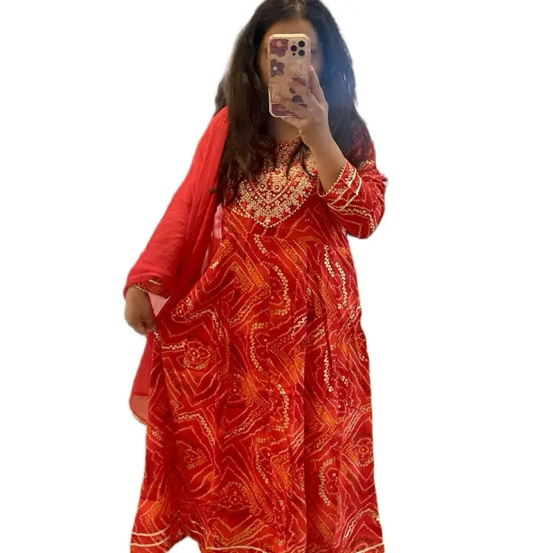 Women's Red Cotton Kurta Salwar Set, Traditional Chunari Print Umbrella Kurta with Matching Duppatta, Clothes
