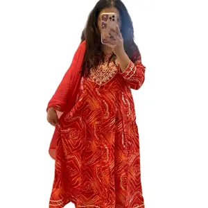 Women's Modest Cotton Kurta Salwar Pant Set Clothes - Traditional Chunari Print, Umbrella Design, Matching Duppatta, Red, Large