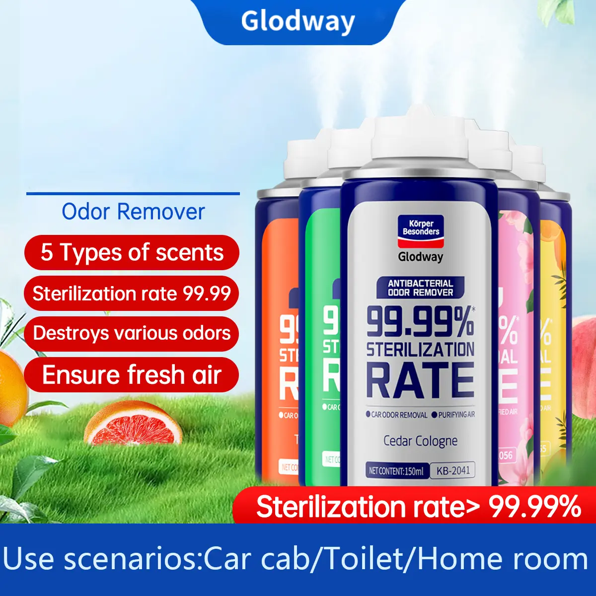 Glodway Car Air Fresher,99.99% Sterilization Rate Car Interior Cleaner Odor Eliminator Remover Spray,Strong Freshener With Odour Eliminator Technology,Long-Lasting Scent Deodorizing Car Air Freshener