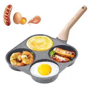 Multifunctional 4 Hole Skillet for Eggs, granite-style pancake pan with wooden handle Pancakes, Omelet, Hamburger, Compact Induction Household Kitchen Cookware, Granite Nonstick, Easy Clean