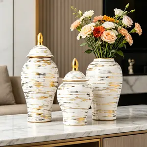 North European Creative Luxury Gold Texture Ceramic Vase with Lid, Decorative Flower Pot for Home Decoration, Gift Idea