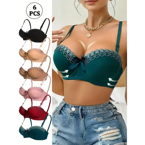 Women's 6-Piece Assorted Colored Push Up Underwear Sets - Padded Floral Underwire, Breast Support Everyday Bras, Multipack Valentine's Day Gift for Her, Underwear For Women