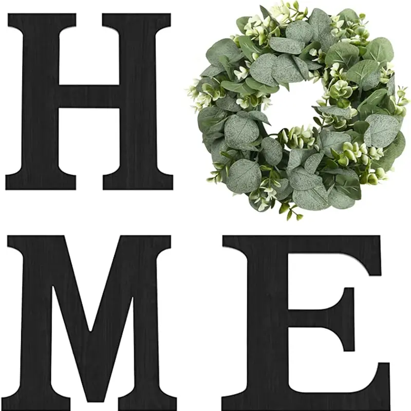 Wood Home Sign with Artificial Eucalyptus Wreath for O, Hanging Farmhouse Wall House Decor Wood Letters for Wall Art Rustic Home Decor, Wall Decor for Living Room Kitchen Entryway