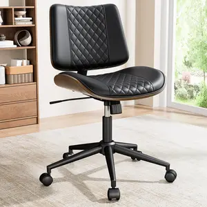 Aowos Armless Office Chair with Wheels, Modern Walnut Bentwood Desk Chair with Quilted PU Cushion, Adjustable Swivel Rolling Task Chair for Small Space, Home Office, Reading & Meeting Room, Black, White