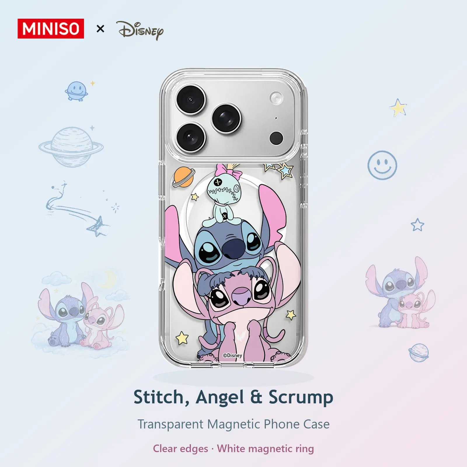 Disney Stitch, Angel & Scrump Print Transparent Magnetic Shockproof Phone Case - Casing with Protection for iPhone 18 Pro Max/18 Pro/17 Pro Max/17 Pro/17/16/15/14/13/12/11 Series Mobile Accessories