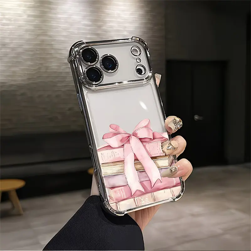 Watercolor Soft Pink Bow Stacked Book Aesthetic Design Pattern Casing For iPhone 17 16 15 14 13 12 Samsung 22 23 24 25 Plus Pro Max Ultra Soft Silicon TPU Shockproof Protector Vintage Unique Fashion Mobile Phone Case