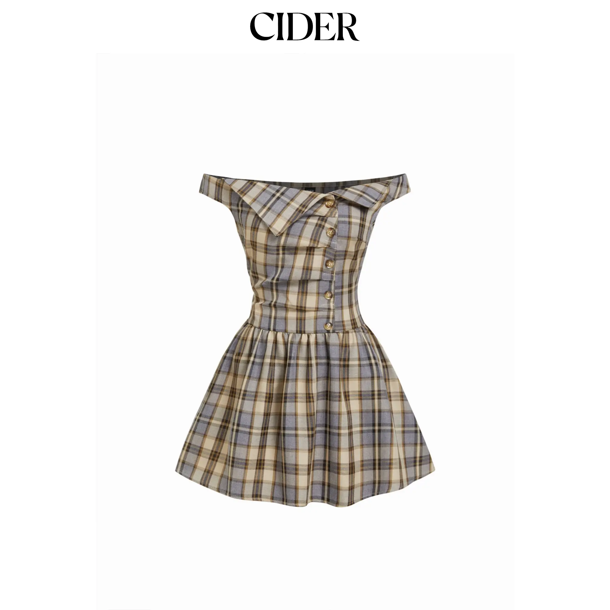 Cider Plaid Off-shoulder Asymmetrical Metal Detail A-line Mini Dress