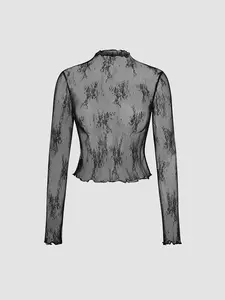 Valentine's Day Women's Mock Neck Sheer Floral Lace Tee, Elegant Long Sleeve T-shirt for Daily Wear, Valentine's Day Gift for Girl, Ladies Clothes for All Seasons