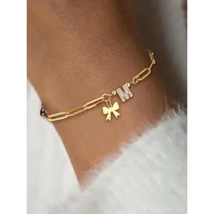 Bowknot Design Initial Bracelet Rhinestone Decorated Link Bracelet for Women & Girls Fashion Jewelry for Party Daily Decor, Trendy All-match Jewelry for Gift Trendy Jewellery Accessories