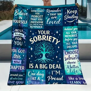 1pc Sobriety Gift Blanket with Positive Affirmations - Cozy Flannel Bedspread Suitable for Recovery Support, Motivational Comforter, Machine Washable, Perfect for Birthdays & Sobriety Milestones, Mixed Colors, Home Decor, Thoughtful Gift for All Seasons