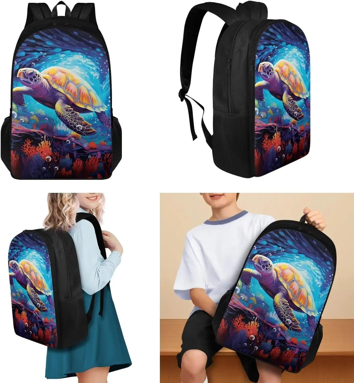 Sea Turtle School Backpack Set Teenage Boys Girls Elementary Students Schoolbag Aesthetic Kids Bookbag with Insulated Lunch Box and Pencil Case, 3 Piece
