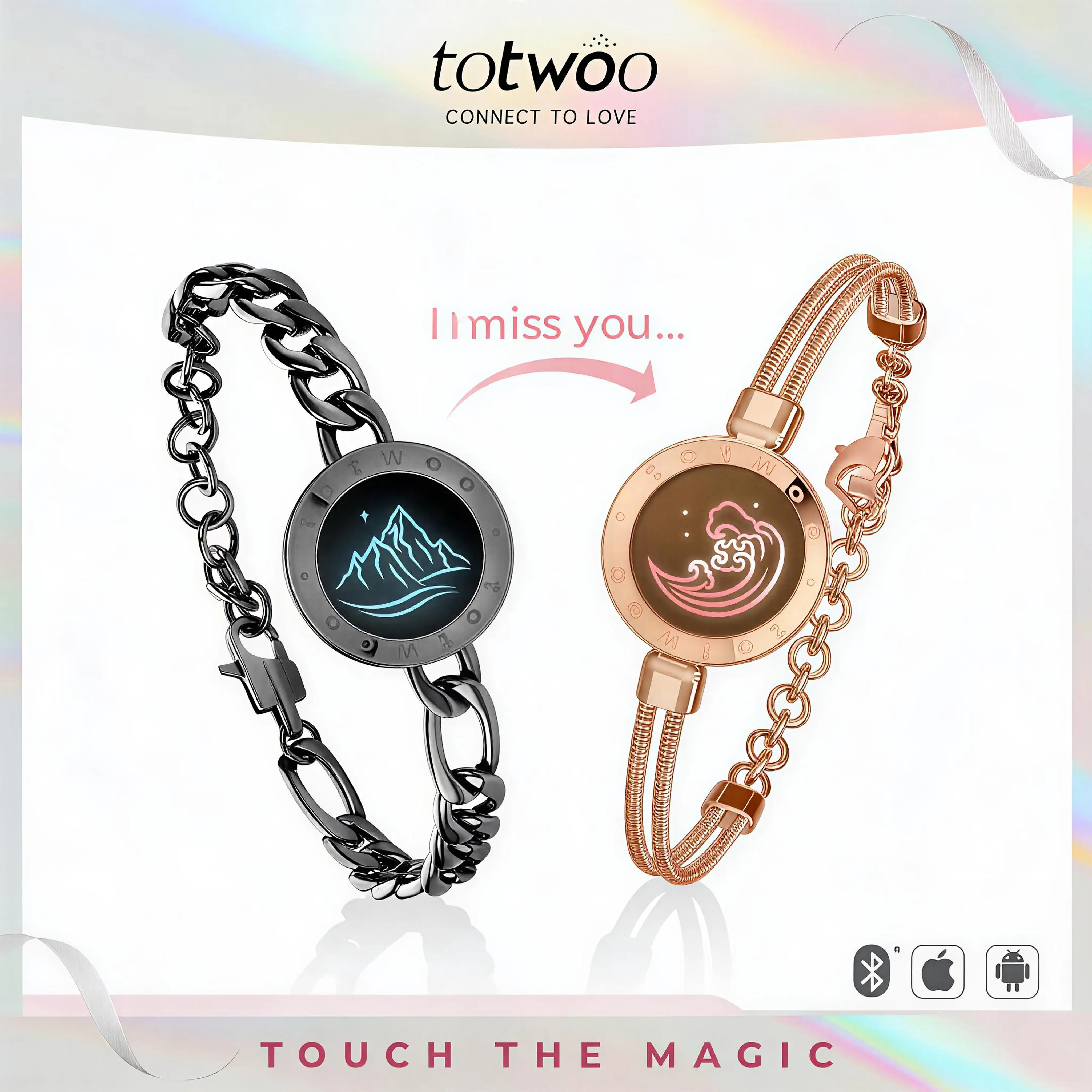TOTWOO Sun Moon Couple Bracelet Set - Companion Glowing Bracelets for Matching BF and GF, Long-Distance Touch Vibration Smart Jewelry, Women's Fashion Accessory, 1-to-1 Bluetooth App Pairing Gift