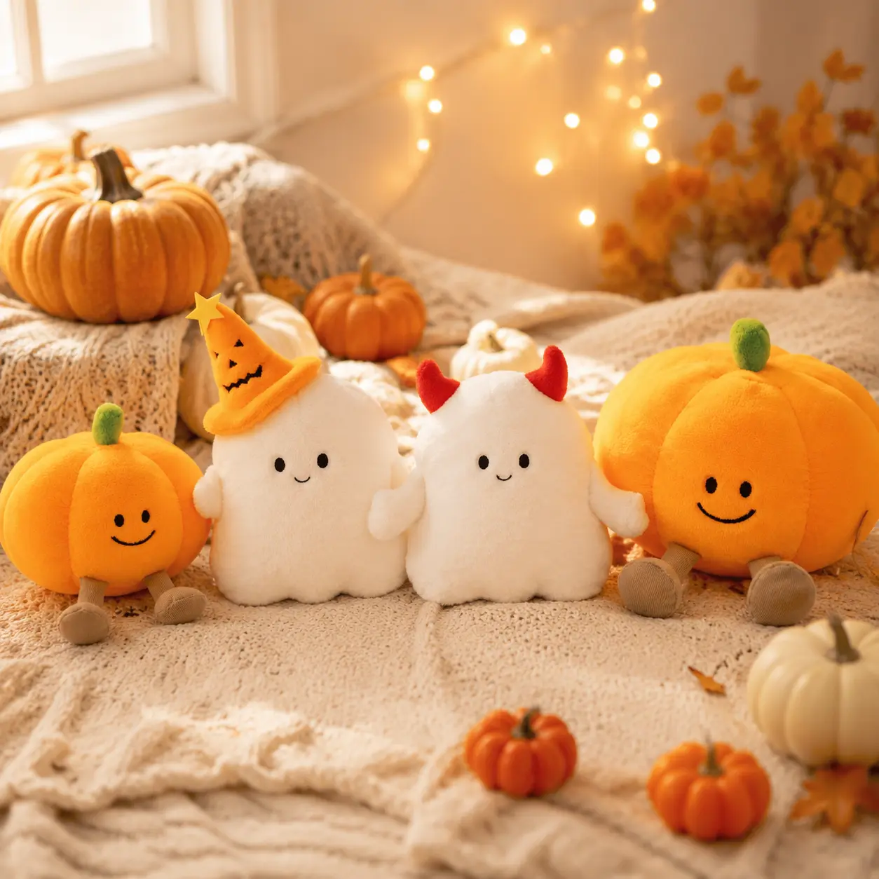 Halloween Plush Pillow 4 Pack: 2 Smiling Pumpkins + 2 Ghosts, 18-30cm, Polyester Fiber Fill, Spooky Cute Home Decor, Halloween Gifts，halloween dorm room decor