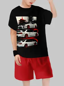 Jdm Car Enthusiast Essential! Jdm Culture Japanese Racing Car Printed Vibrant Racing Car Prints Kids Sports Set, Short Sleeve Top + Shorts, Casual Fitted