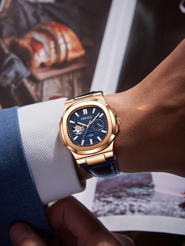 Onola Men's Fashion Business Mechanical Watch, Hollow Out Tourbillon Design, Automatic Wind-Up, 3atm Water Resistant, Fashionable Waterproof Watch, Perfect Christmas Gift