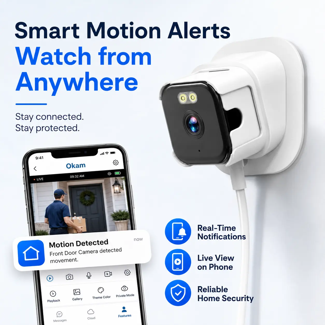 **Instavision No-Drill WiFi Security Camera, 3M Adhesive Mount, Full-Color Night Vision, Motion Alerts and Two-Way Audio**