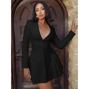Women’s Solid Button-Front Pleated Suit Dress, Casual Deep V‑Neck Dress for Party/Club/Dating Wear, Dress Suit, Formalwear, Partywear, Women’s Dress for Spring & Fall, Women’s Clothing, Going‑Out Dresses, Feminine