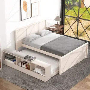 Full Size Platform bed with Pull Out Trundle,Storage Cabinet,Wooden Bed Frame with Slats, Cream White