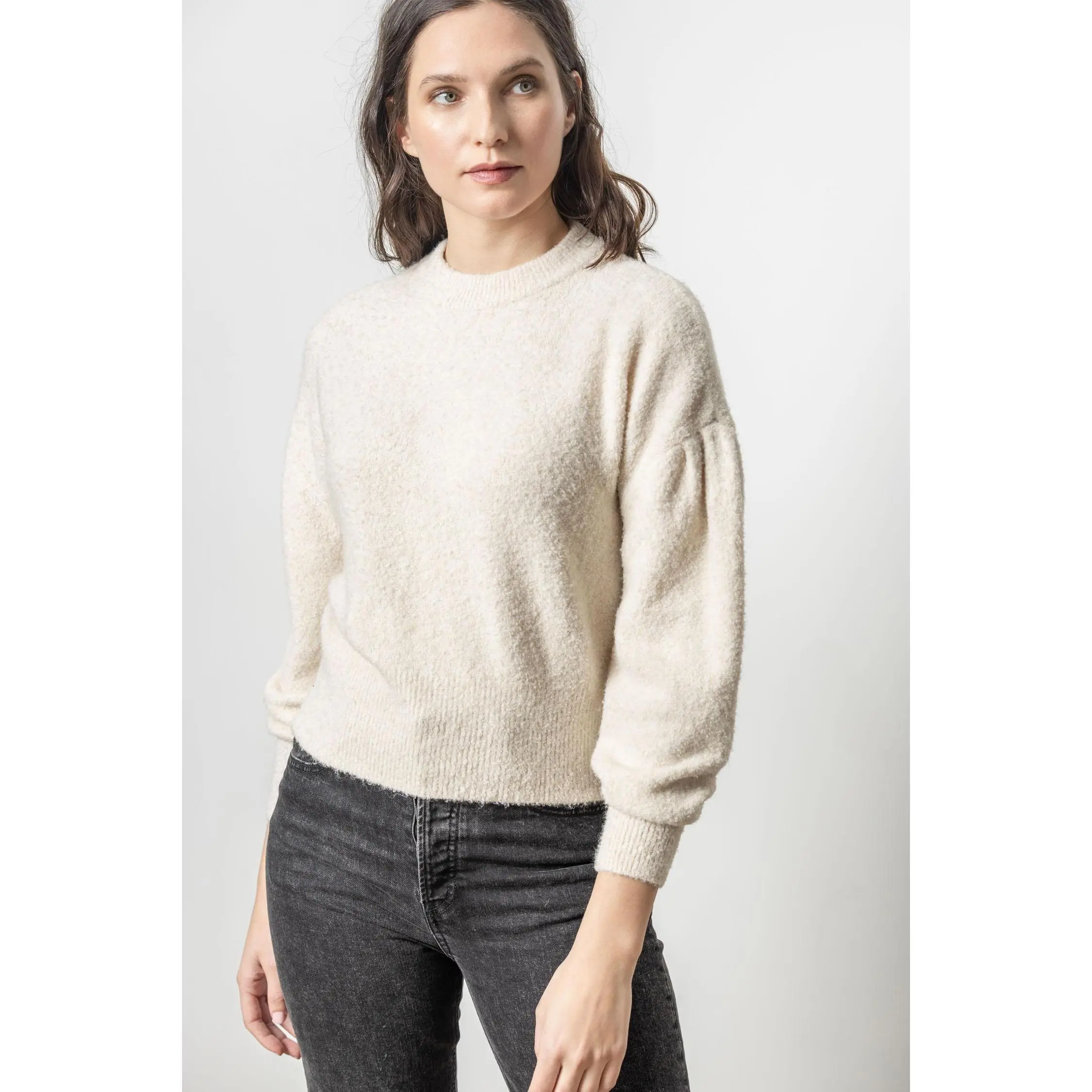 Pleated Sleeve Crewneck Sweater