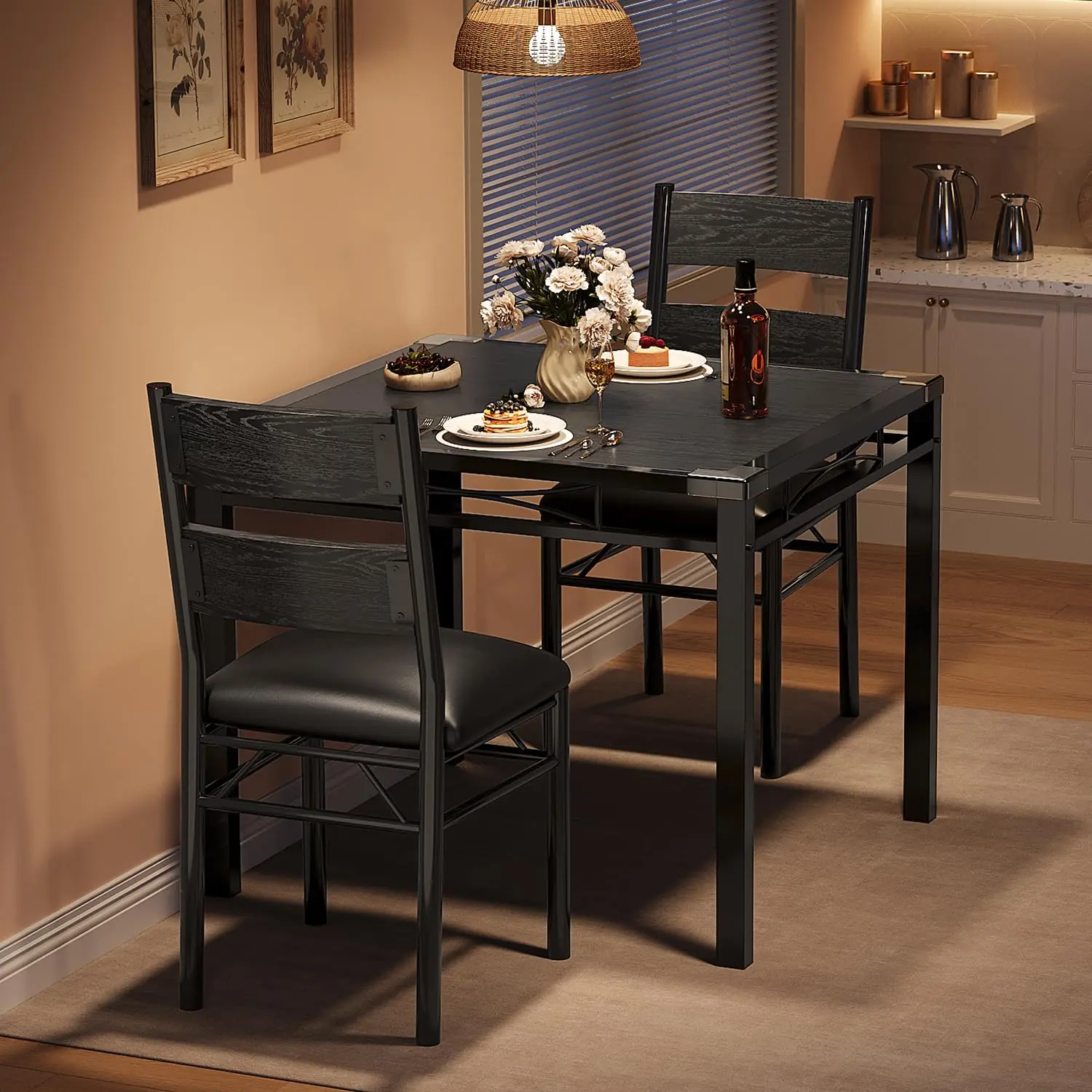 Garvee Dining Table Set for 2 with Corner Protector, Dining Room Table Set for 2 with Upholstered Chairs , Wood Kitchen Table Chairs Set of 2, for Kitchen, Apartment,  Retro Black