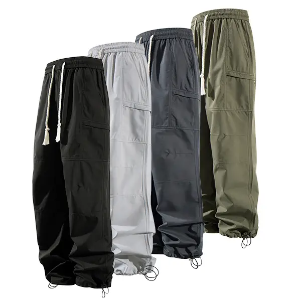 Men's Loose Solid Pocket Drawstring Waist Cargo Pants, Casual Comfy Zipper Cargo Pants for Daily Outdoor Wear, Baggy Trousers, Casual Street Style Men