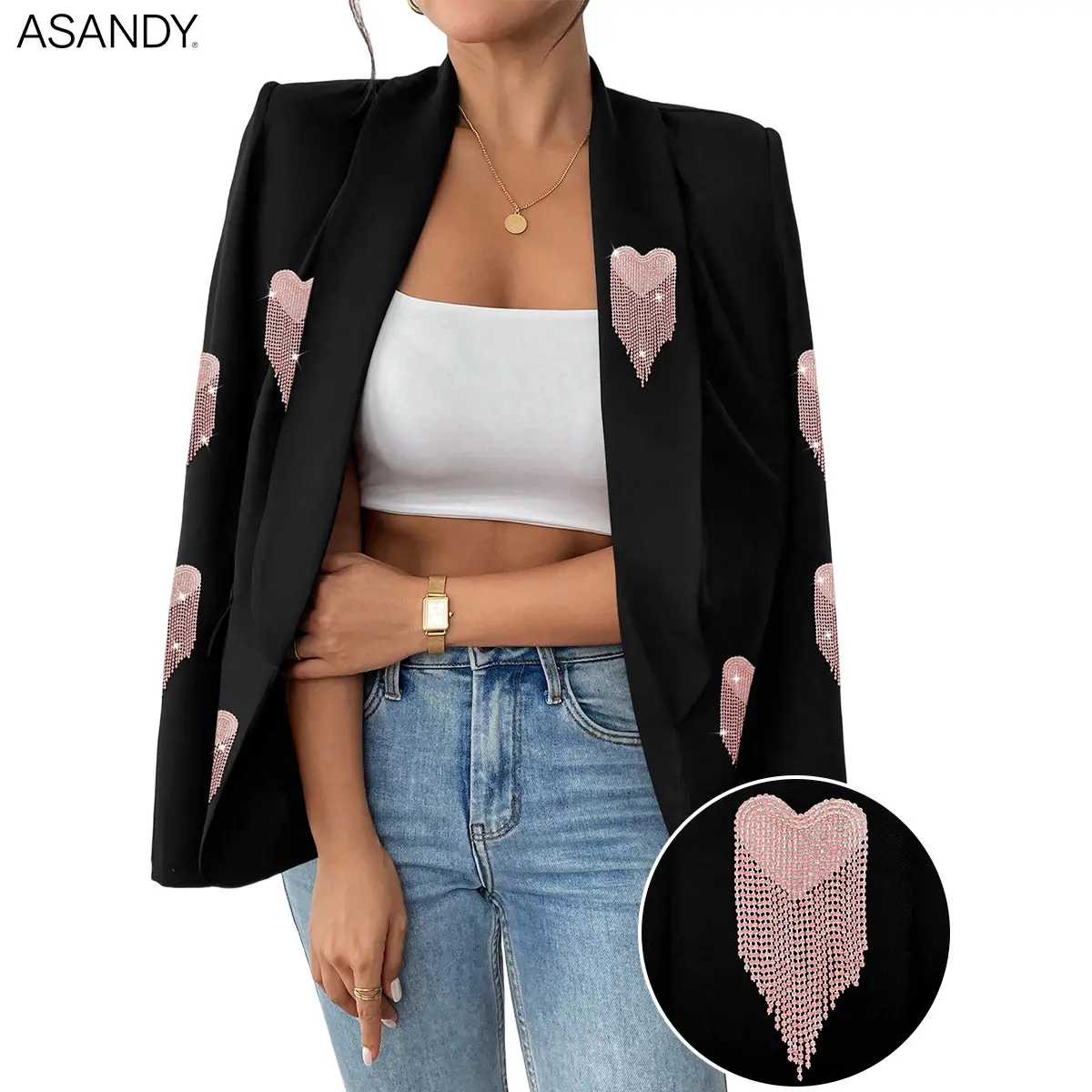 ASANDY Blazer for Women, Chic Oversized Fit with Sparkly Rhinestone Hearts & Bold Pink Tassels, Beaded Embellished All-Season Jacket, Beaded Embellished Women's Casual Jackets, All-Season Blazer Layers Year-Round