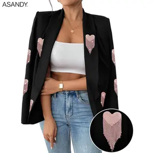 "ASANDY Blazer with Pink Rhinestone Heart Tassel Embellishments - Chic Customized Formal Suit Jacket | Sparkly Heart-Drop Crystal Decor, Perfect for Party/Date Night/Streetwear All-Season Glam Outfit" oversize