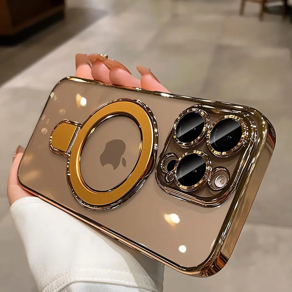 QSIETSPY Magnetic Clear Soft TPU Case for iPhone 16 Pro Max (6.9 in) - Invisible Stand, Military Drop Protection, MagSafe Compatible, Full Camera Protection, Gold