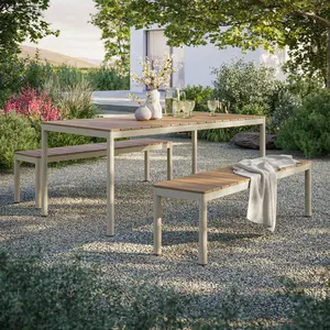 Finn Outdoor Patio Aluminum Faux Wood Dining Set with Benches in Natural