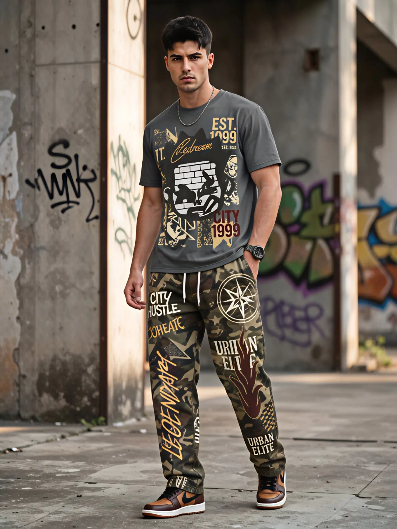 Men's Retro Graffiti Print Two-Piece Set: T-shirt + Camouflage Wide-Leg Pants. Streetwear and hip-hop style, American retro fashion design, perfect for skateboarding and streetwear. A trendy outfit from a popular European and American fashion brand