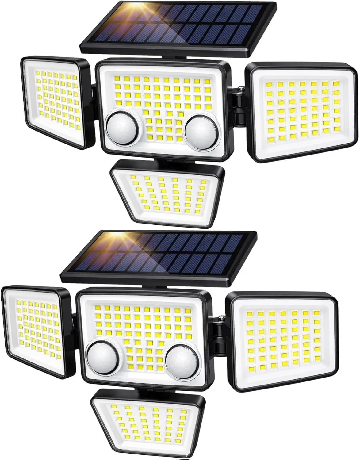 [New Deal] 2-Pack Solar Outdoor Flood Wall Lights, 4-Head Design, 3000LM 188 LED Motion Sensor, 270°Wide Angle, IP65 Water Resistant All-Weather, Easy Install, 3 Modes, Carbon Emissions Reduction for Decking & Patio