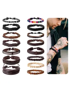 15 Pcs Adjustable Braided Leather Bracelet Set Boho Cuff Wrap String Wood Bead Woven Ethnic Wristbands For Men And Women Boho Style Bracelet