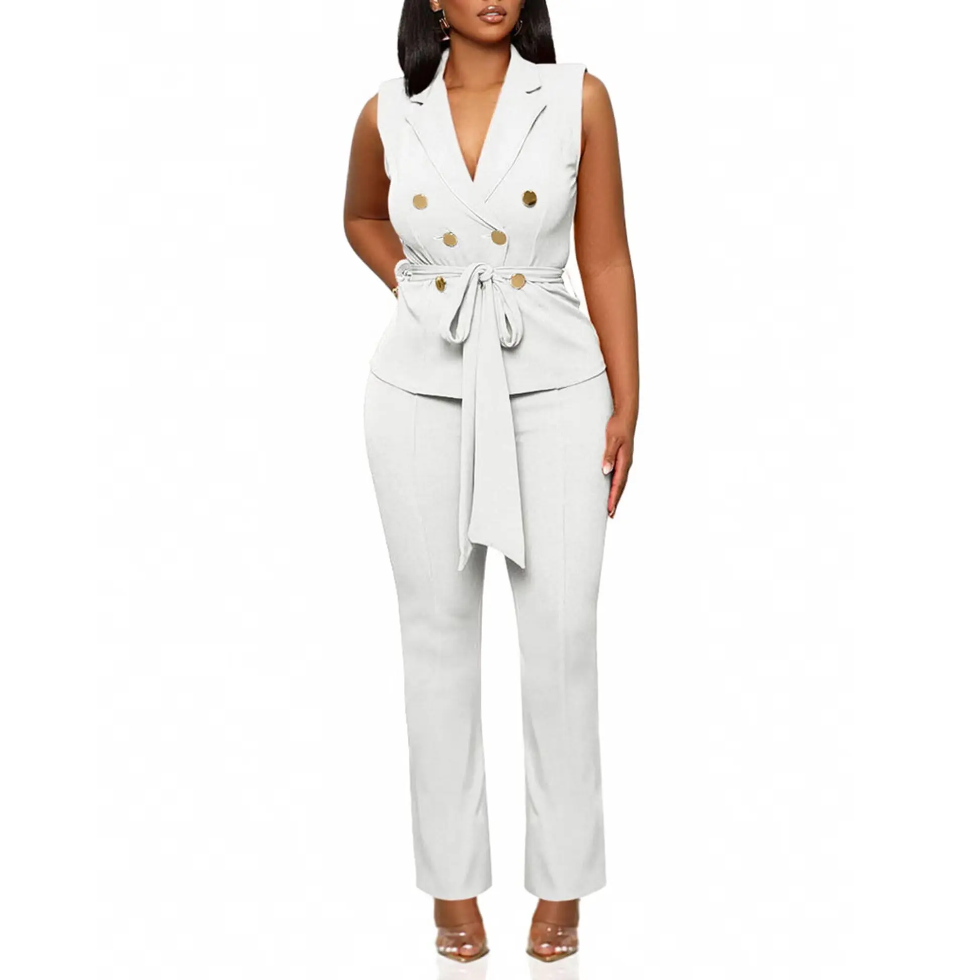 Women's 2-Piece Pants Set - Chic Solid Stretchy Polyester Sleeveless Blazer Vest with Matching High-Waist Wide-Leg Trousers for Office OOTD, Button, Cocktail, Elastic, Business, V-Neck, Casual, Accessories, Fabric, Lady, Elegant, Belted, Chic And Stylish