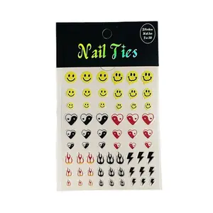 Vibe Check Nail Stickers, Smiley Face Decals, Yin-Yang Heart Nail Art, Flame and Lightning Bolt Designs, Trendy and Edgy Nail Stickers