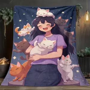 1 Pcs Flannel Blanket With A Theme Of Cats And Girls Under The Night Sky, Digital Print, Sofa Bed Cover Blanket, Skin-Friendly And Soft, Suitable For Birthday And New Year Gifts All Year Round