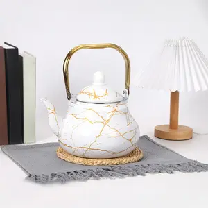 Golden Handle Marble Enamel Pear Shape Tea Pot, Stovetop Water Kettle, Suitable for Home Kitchen, Camping, Outdoor Tea/coffee/water Brewing