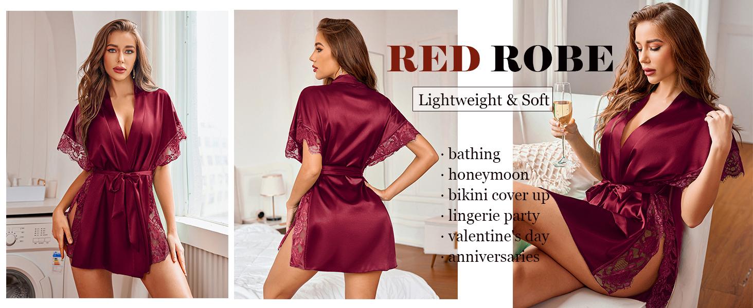 Avidlove Women Lingerie Robe Satin Sleepwear Eyelash Lace Kimono Side Split Sexy Silk Robes