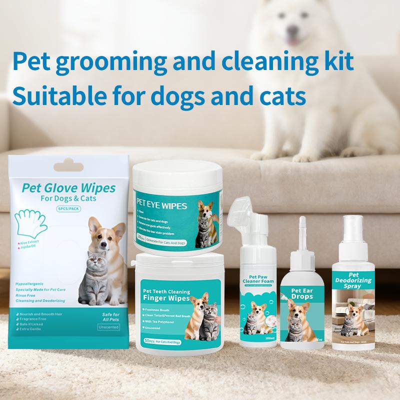 6Piece All-in-one Grooming Kit - Pet Grooming Glove Wipes 6PCS/PACK & Pet Teeth Cleaning Finger Wipes 50pcs & Pet Eye Wipes 100 Pcs &  Pet Ear Drops 60ml & Pet No-Rinse Paw Cleaner 100ml & Pet Deodorizing Spray 60ml