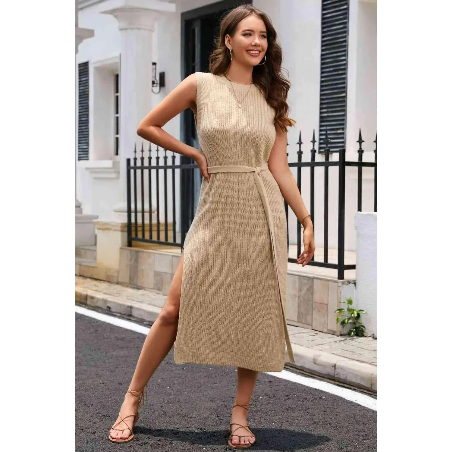 Round Neck Tie Belt Slit Sleeveless Sweater Dress