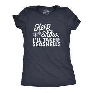 Womens Keep The Snow I'll Take The Seashells T Shirt Funny Winer Beach Vacation Graphic Tee Funny Womens T Shirts Cute Vintage Fashion Casual Ladies T-Shirt Gift Christmas Tops for Women Funny Summer Top Navy