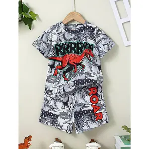 Boys' 2-Piece Casual Cartoon Dinosaur Print T-shirt & Shorts Set Summer Comfortable Multi-Functional Short-Sleeved Outfit