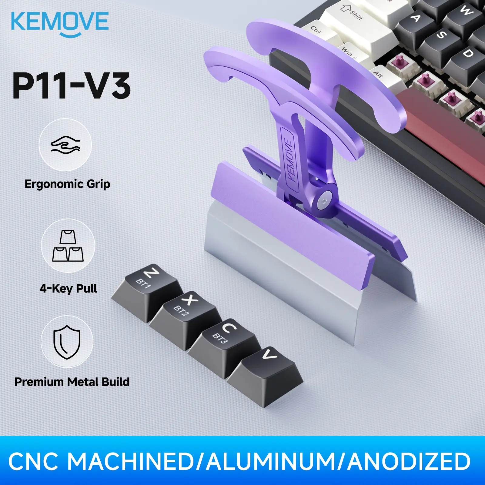 [NEW] KEMOVE P11-V3 4-Key Metal Keycap Puller, Aluminum Alloy Handle, Multi-Key Pull Tool for Pulling 4 Keycaps at Once, Anodized Finish, Keyboard Modding & Repair Accessory, Gift for Keyboard Enthusiasts