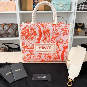 Pre-owned VERSACE Raffia Tote Bags Small Athena Jacquard Tote Bag Red/Orange