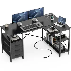 Huuger L Shaped Desk with Power Outlets, 47/55 Inches Computer Desk with 3 Drawers, Office Desk with Shelves, Gaming Desk, Corner Desk Work Desk for Home Office, Study