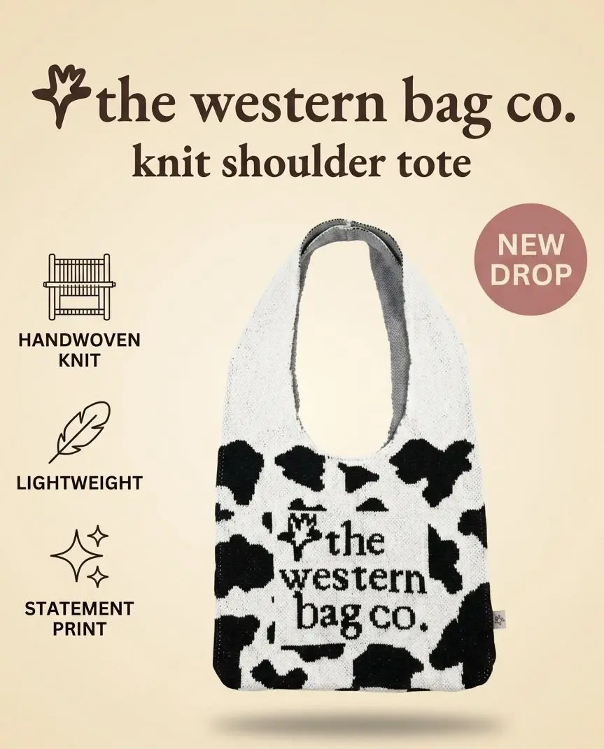 The Lasso Knit Tote - Blue with "the western bag co." Text, Soft Knit Fabric, Ideal for Travel and Everyday Use