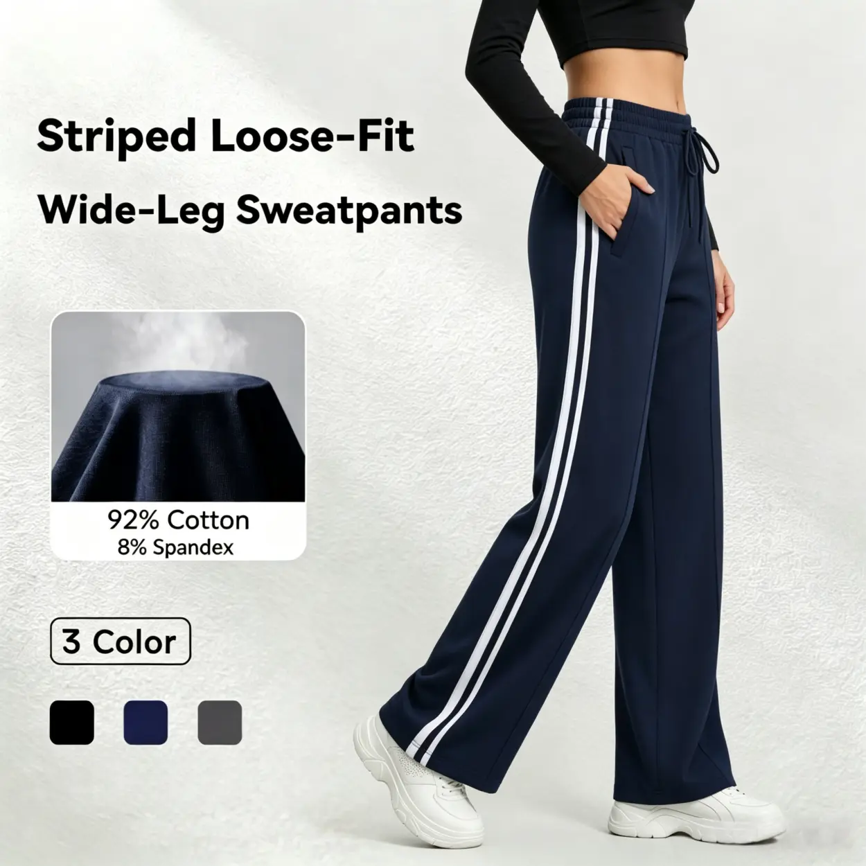 Women's High Waist Drawstring Side Striped Baggy Straight Leg Sweatpants with Pockets Comfy Soft Stretch for Daily Casual Lounge Streetwear All Seasons Safort